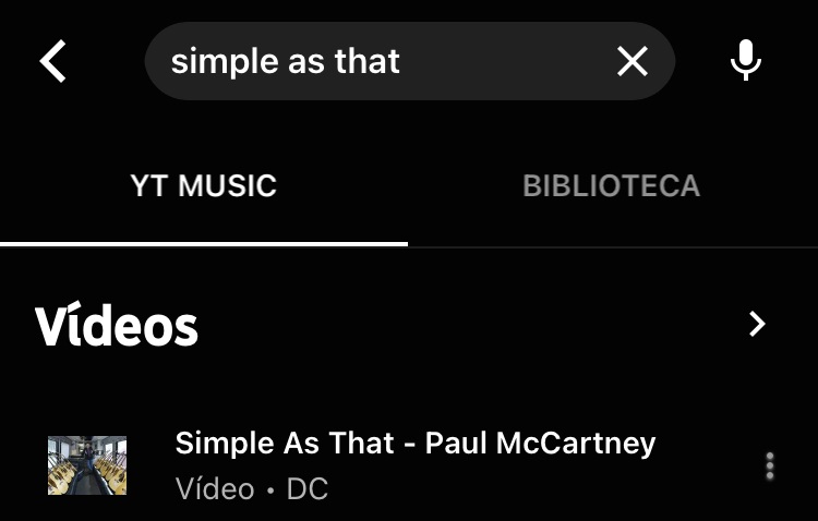 Captura de tela mostra busca no YouTube Music pela canção Simple as That, de Paul McCartney