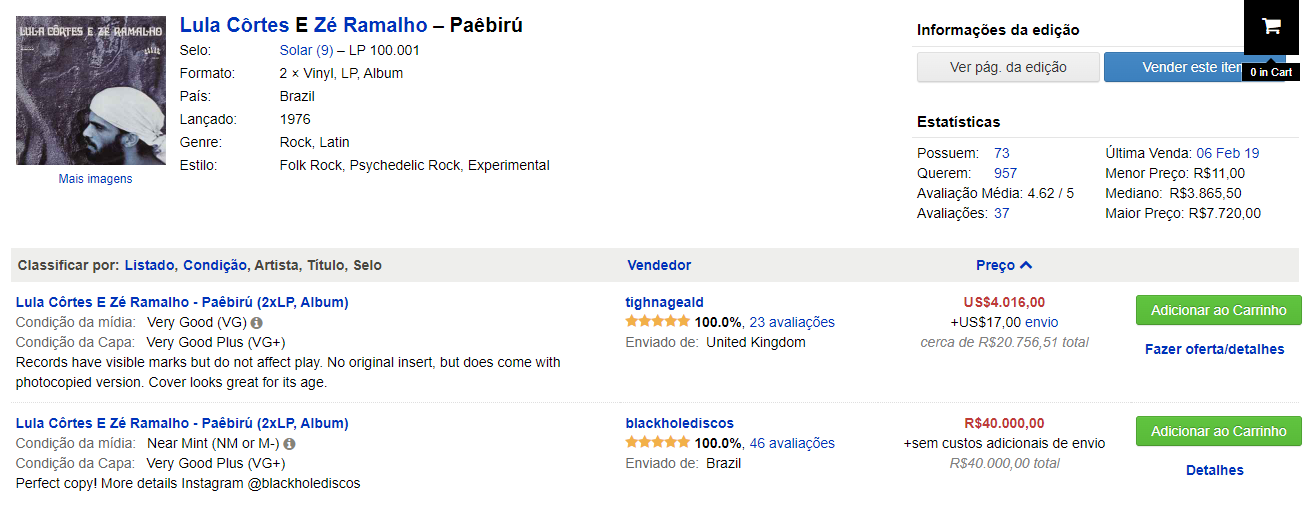 Captura de tela mostra cópias originais do disco Paêbirú sendo vendidas por mais de R$ 20 mil