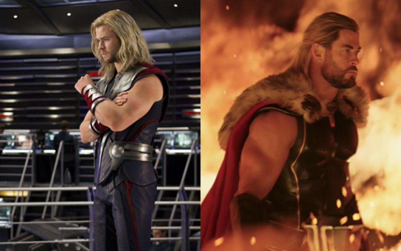 Montagem com Chris Hemsworth em cenas de Os Vingadores e Thor: Amor e Trovão