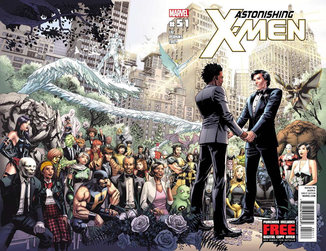 Capa de Astonishing X-Men nº 51 com o casamento do Estrela Polar, personagem LGBTQIA+ das HQs