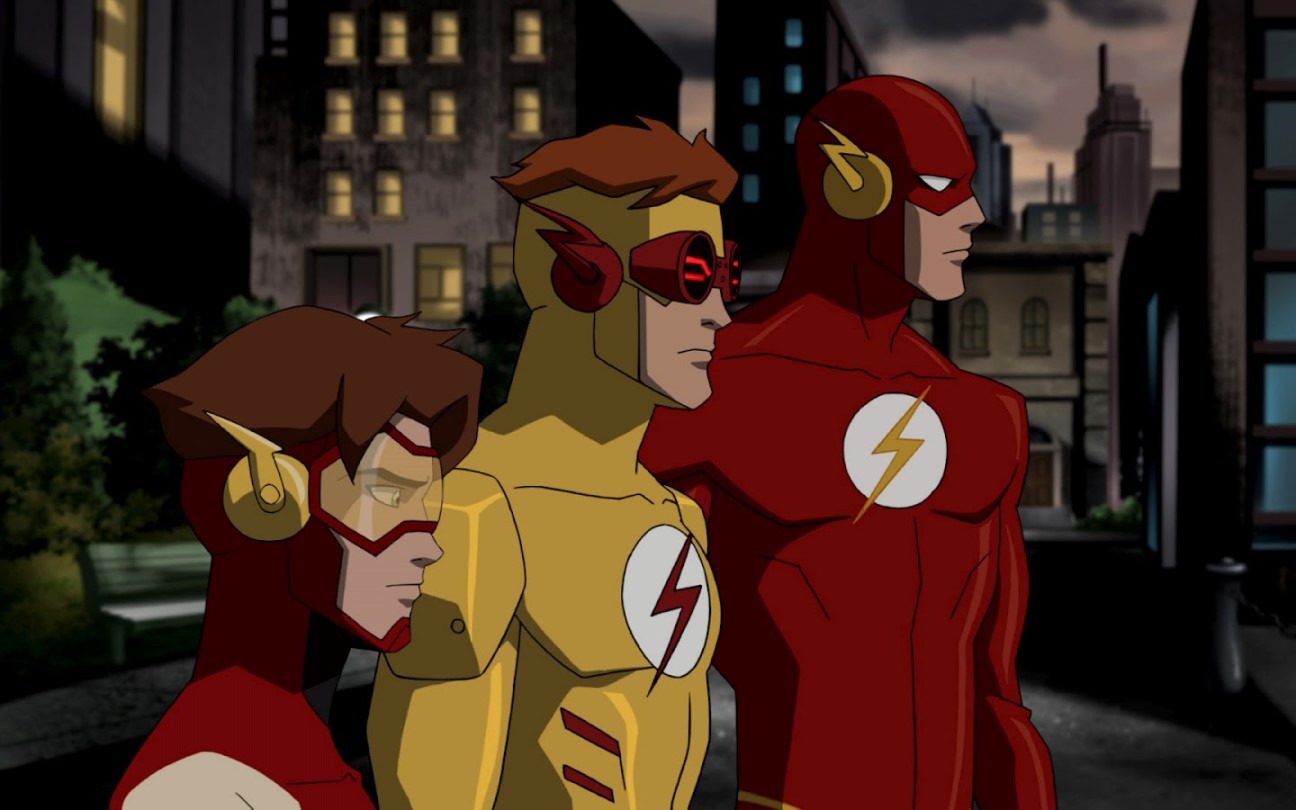 Bart, Wally e Barry Allen, os Flashes, em cena de Justiça Jovem