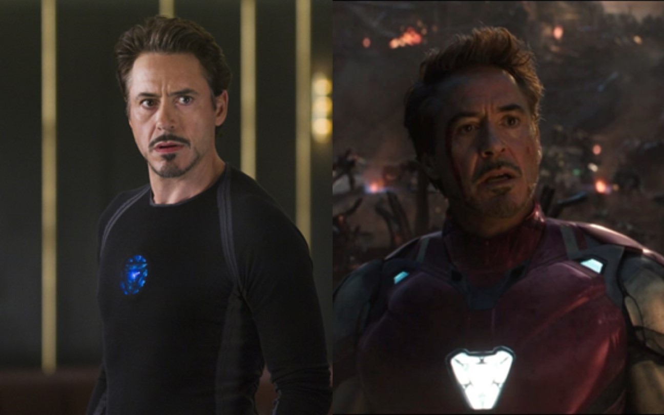 Robert Downey Jr. em cenas de Os Vingadores e Vingadores: Ultimato