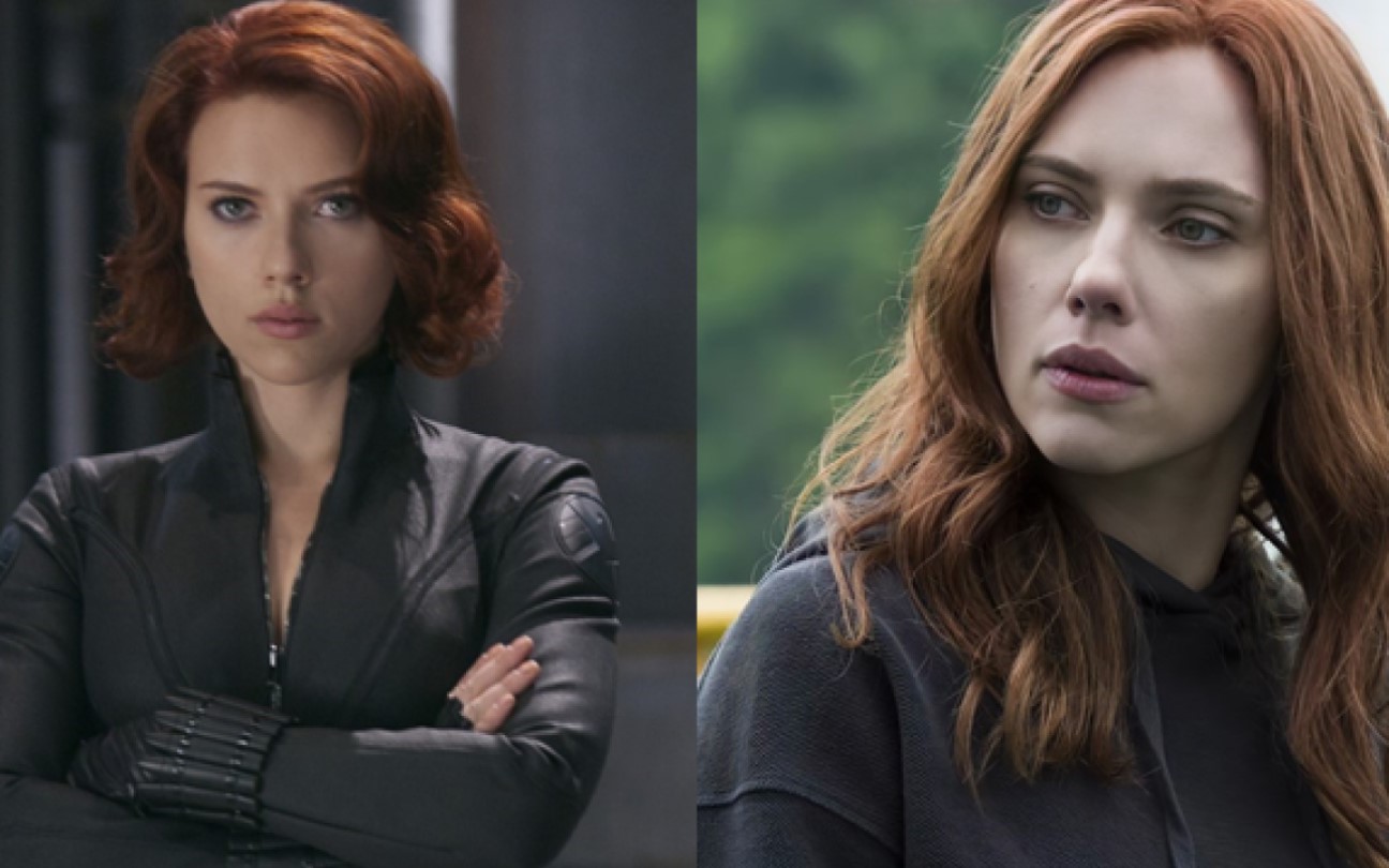 Montagem com Scarlett Johansson em cenas de Os Vingadores e Viúva Negra