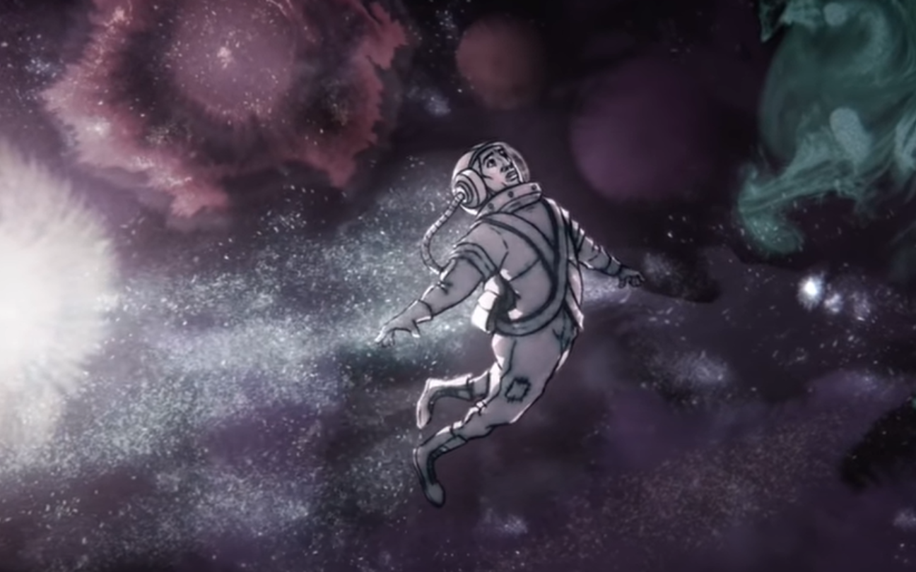 Ilustração de um astronauta vagando pelo espaço no clipe de Rocket Man, lançado por Elton John