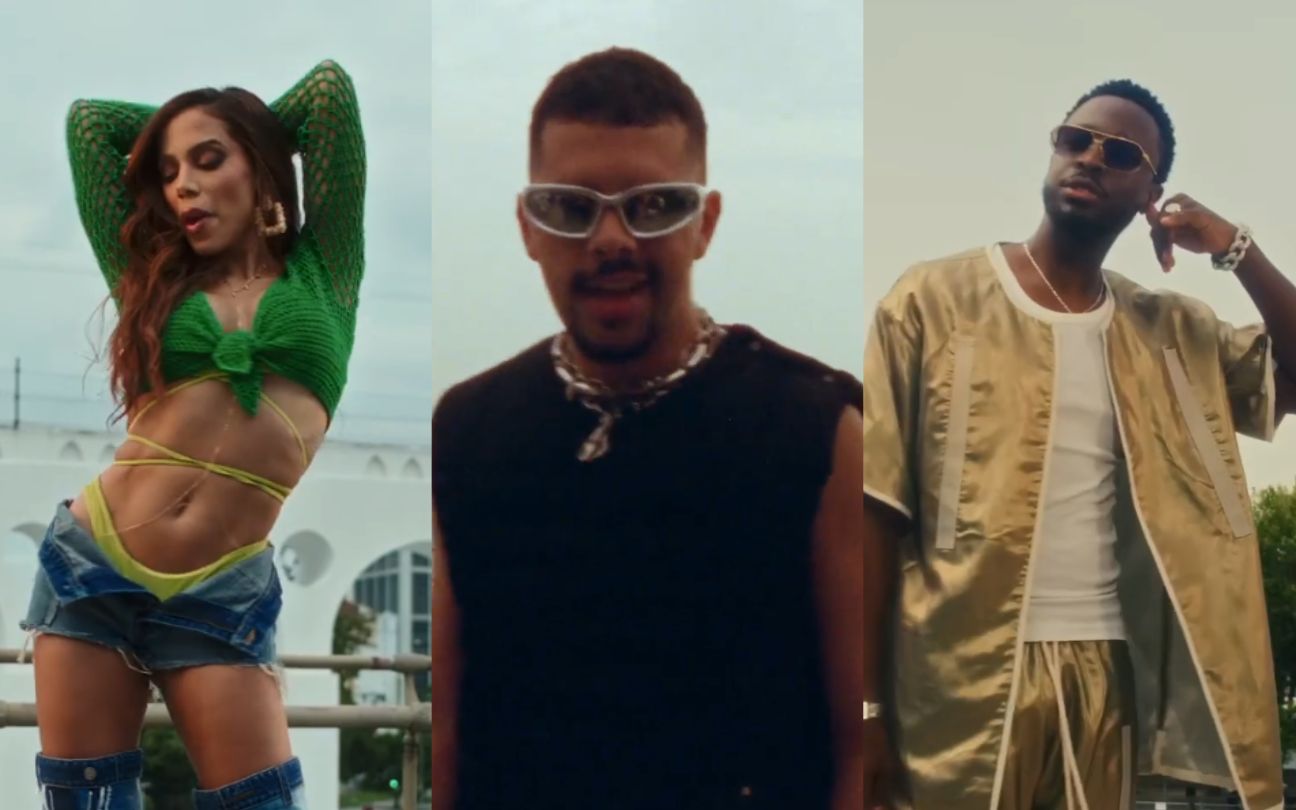 Anitta, Pedro Sampaio e Dadju cantando no clipe de Dançarina (Remix)