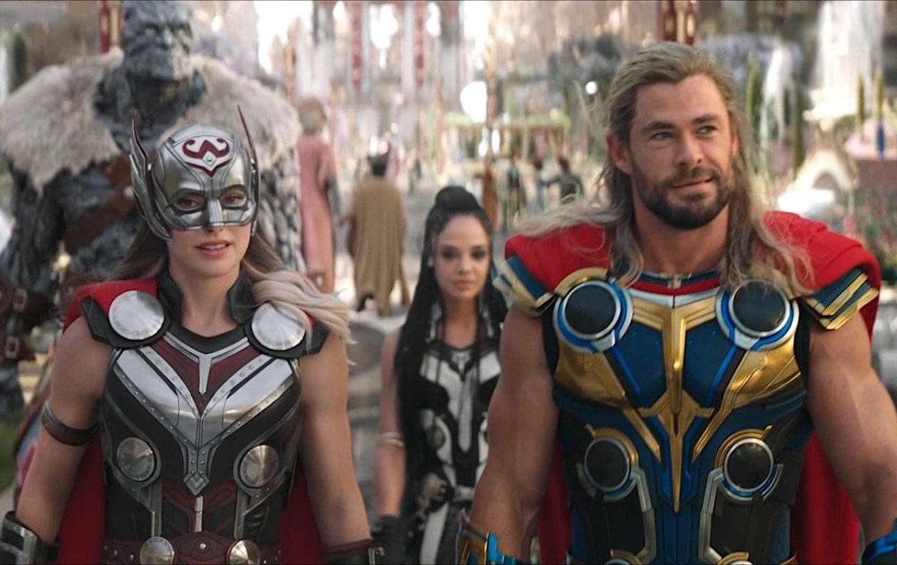 Natalie Portman, Tessa Thompson and Chris Hemsworth in a scene from Thor: Love and Thunder