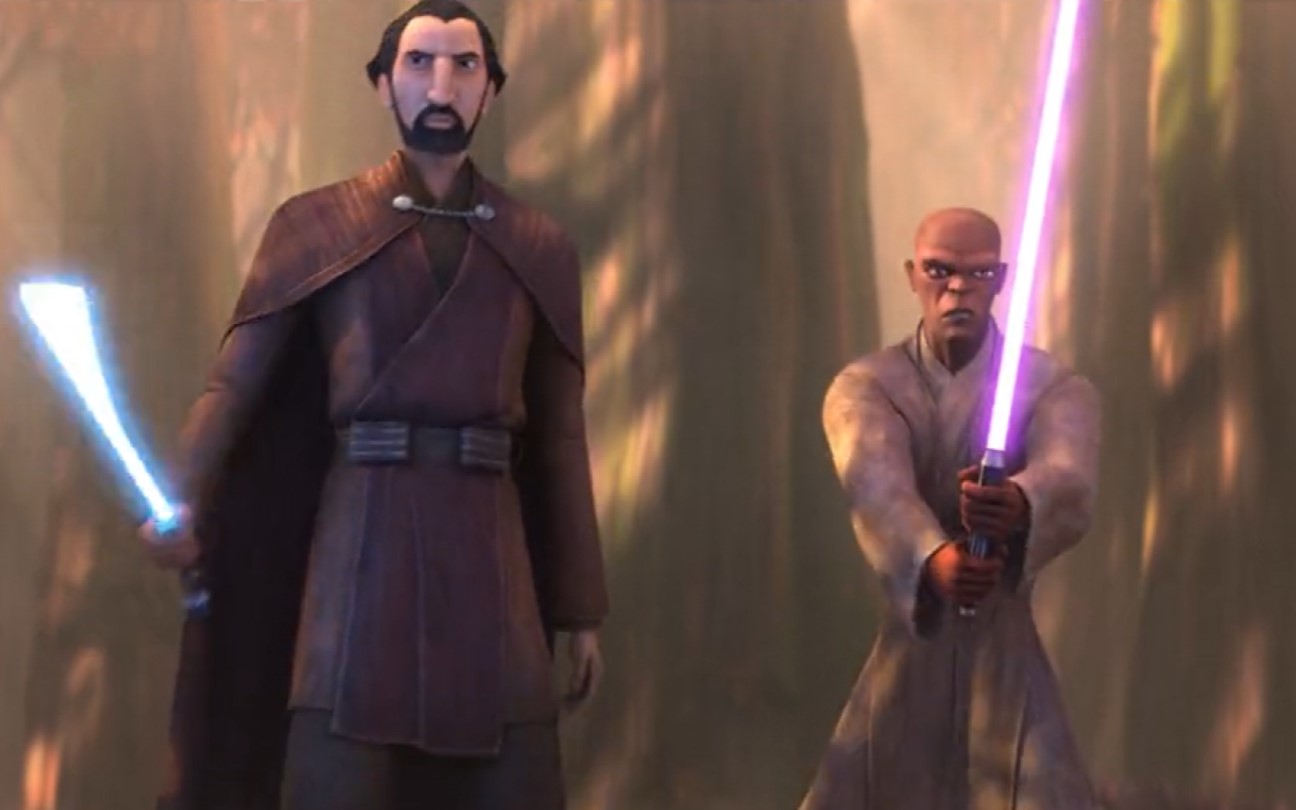 Count Dooku and Mace Windu in a scene from Stories of the Jedi